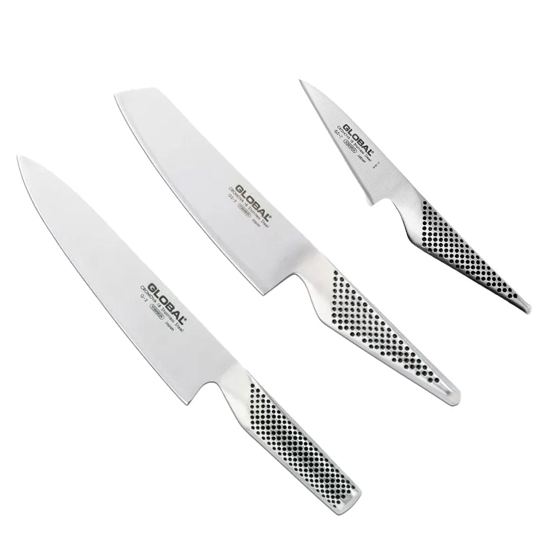 set van 3 global messen, koksmes g2, groentemes gs5, officemes gs7