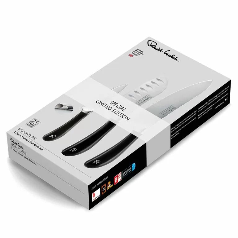 Robert Welch Signature set groente-, santoku- en koksmes in verpakking