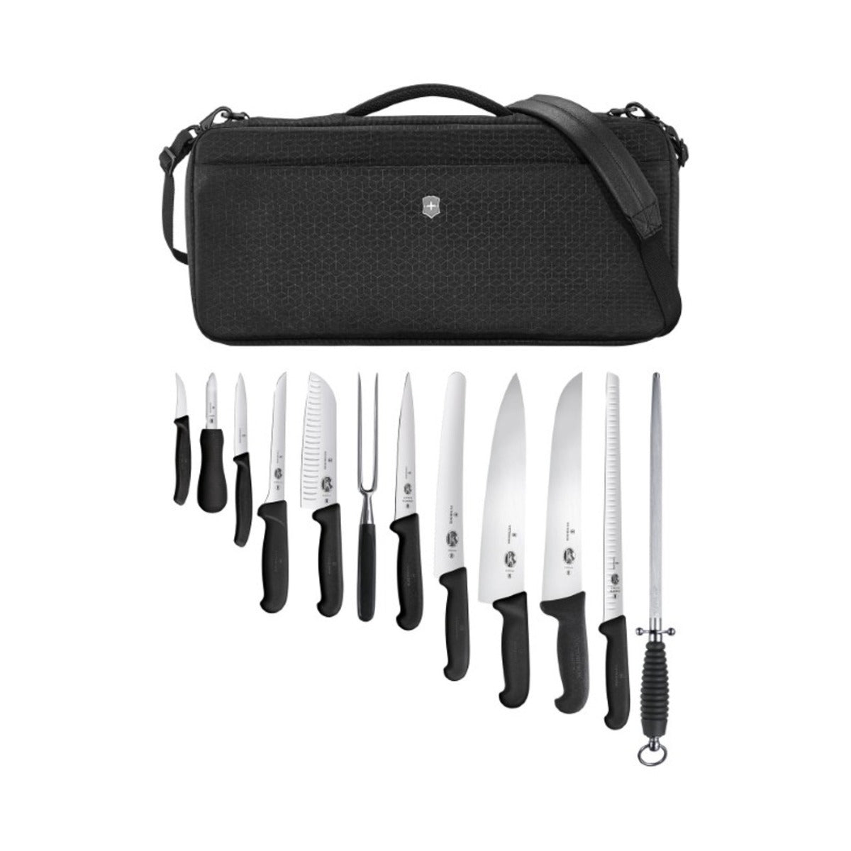 victorinox fibrox messenset zwart tas met 9 messen aanzetstaal en vleesvork
