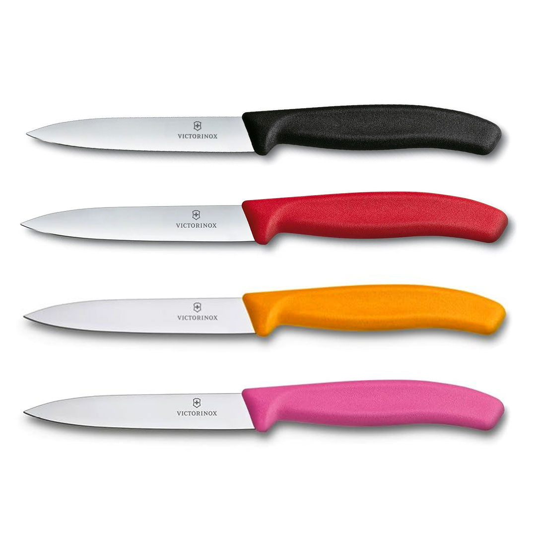 Victorinox Schälmesser 8 cm, Edelstahl, glatt, 4er-Set, verschiedene Farben (Schwarz, Rot, Orange, Pink)