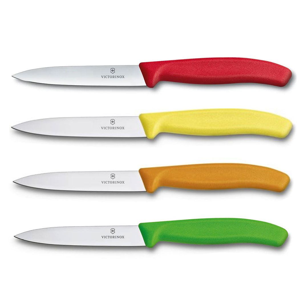 Victorinox Schälmesser 8 cm, Edelstahl, glatt, 4er-Set, verschiedene Farben (Rot, Gelb, Orange, Grün)