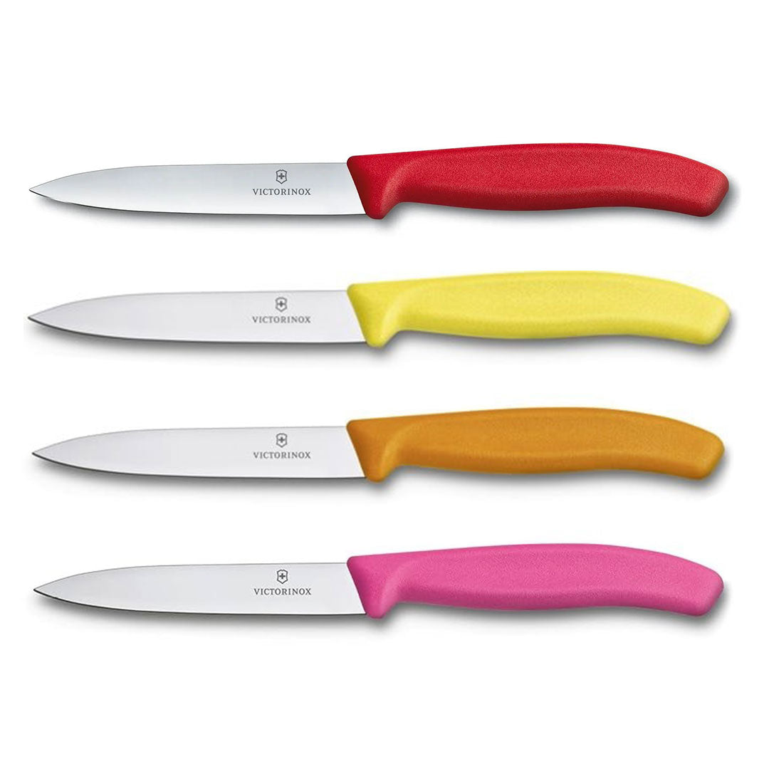 Victorinox Schälmesser 8 cm, Edelstahl, glatt, 4er-Set, verschiedene Farben (Rot, Gelb, Orange, Pink)