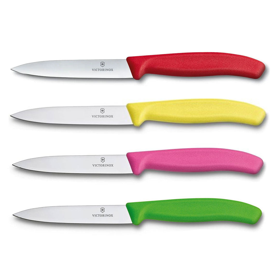 Victorinox Schälmesser 8 cm, Edelstahl, glatt, 4er-Set, verschiedene Farben (Rot, Gelb, Pink, Grün)