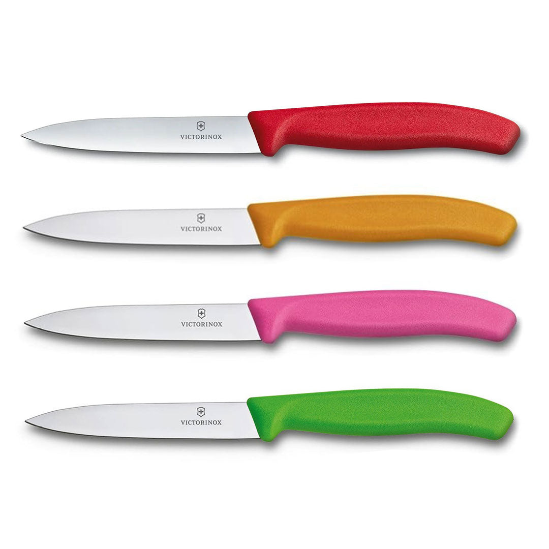 Victorinox Schälmesser 8 cm, Edelstahl, glatt, 4er-Set, verschiedene Farben (Rot, Orange, Pink, Grün)