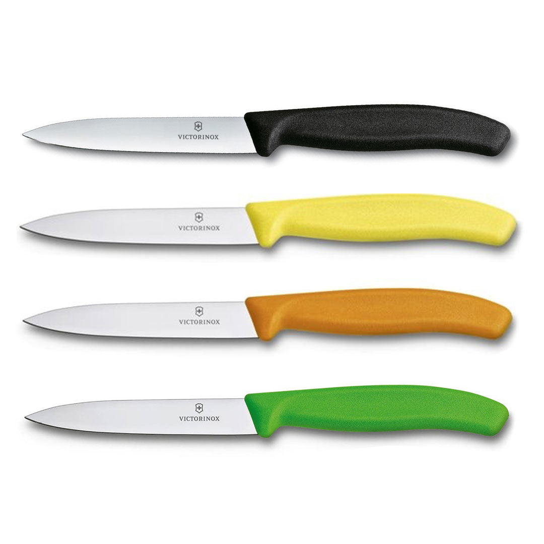 Victorinox Schälmesser 8 cm, Edelstahl, glatt, 4er-Set, verschiedene Farben (Schwarz, Gelb, Orange, Grün)