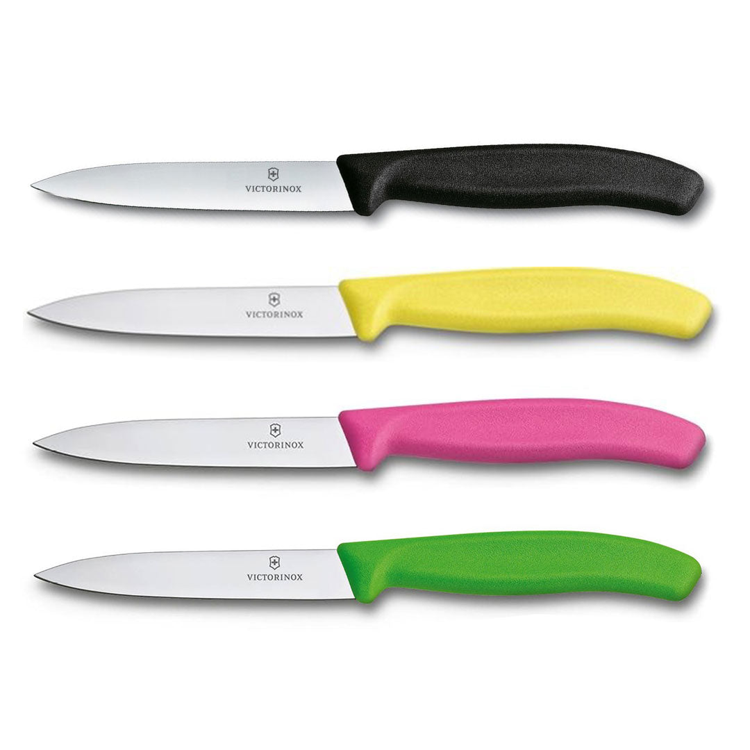 Victorinox Schälmesser 8 cm, Edelstahl, glatt, 4er-Set, verschiedene Farben (Schwarz, Gelb, Pink, Grün)