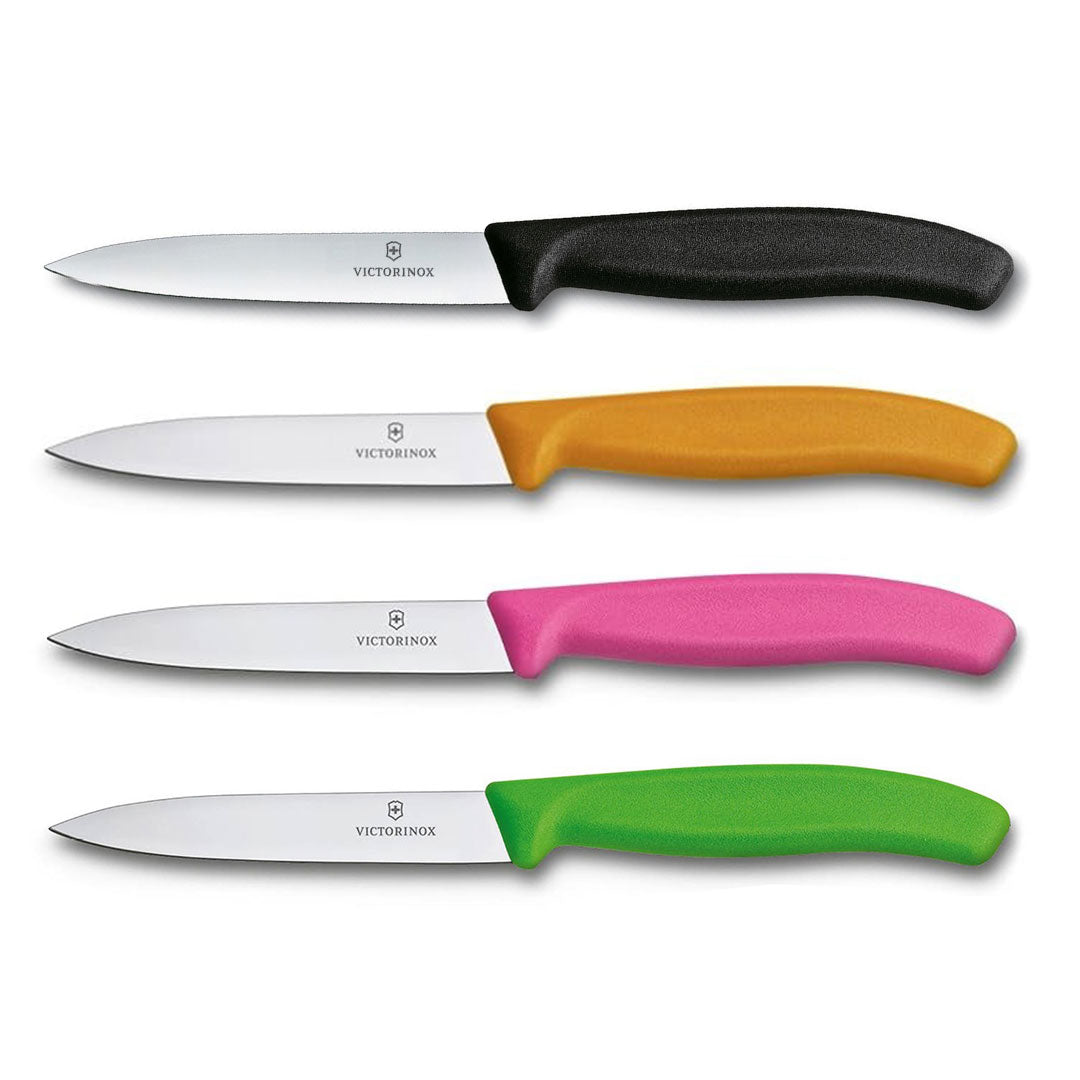 Victorinox Schälmesser 8 cm, Edelstahl, glatt, 4er-Set, verschiedene Farben (Schwarz, Orange, Pink, Grün)