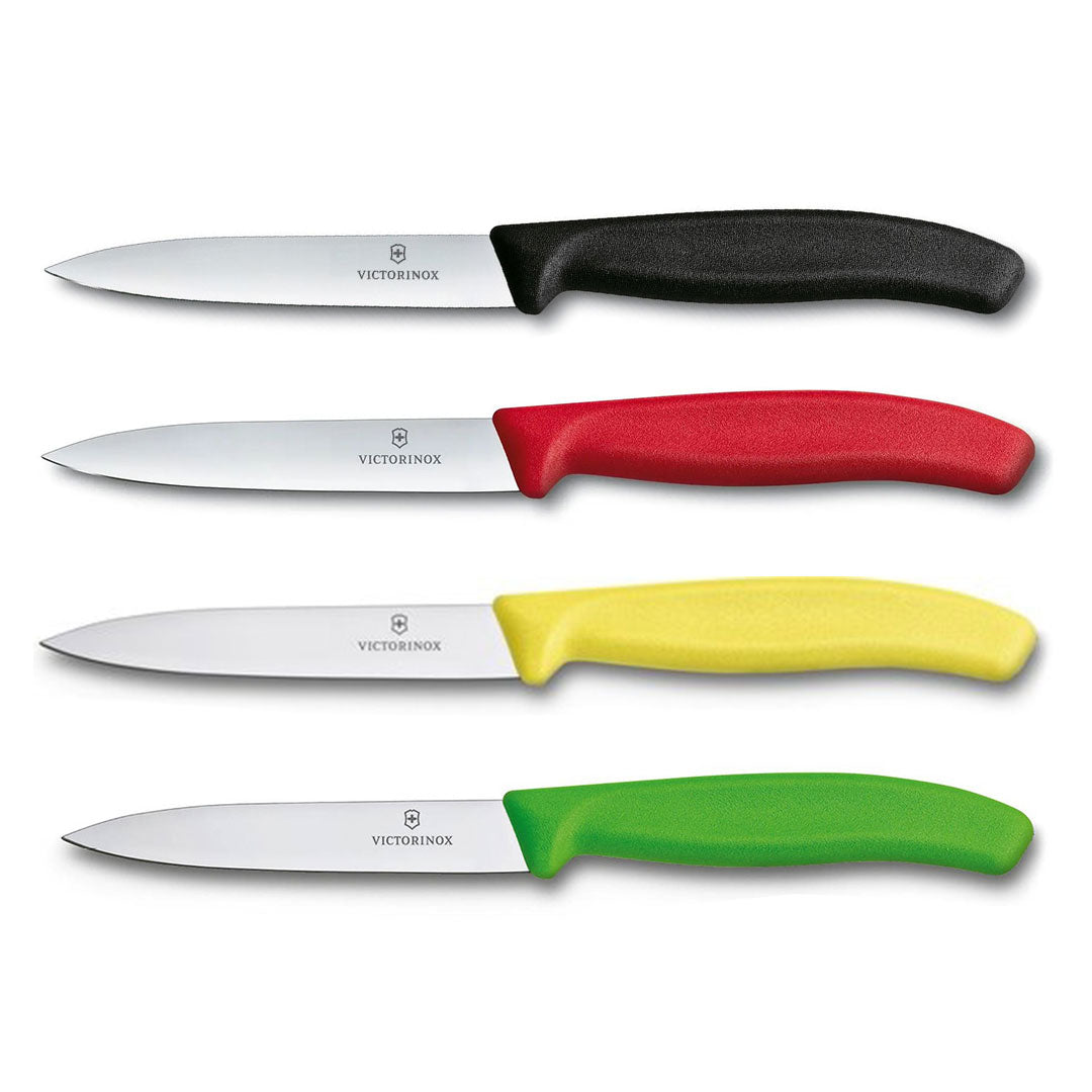 Victorinox Schälmesser 8 cm, Edelstahl, glatt, 4er-Set, verschiedene Farben (Schwarz, Rot, Gelb, Grün)