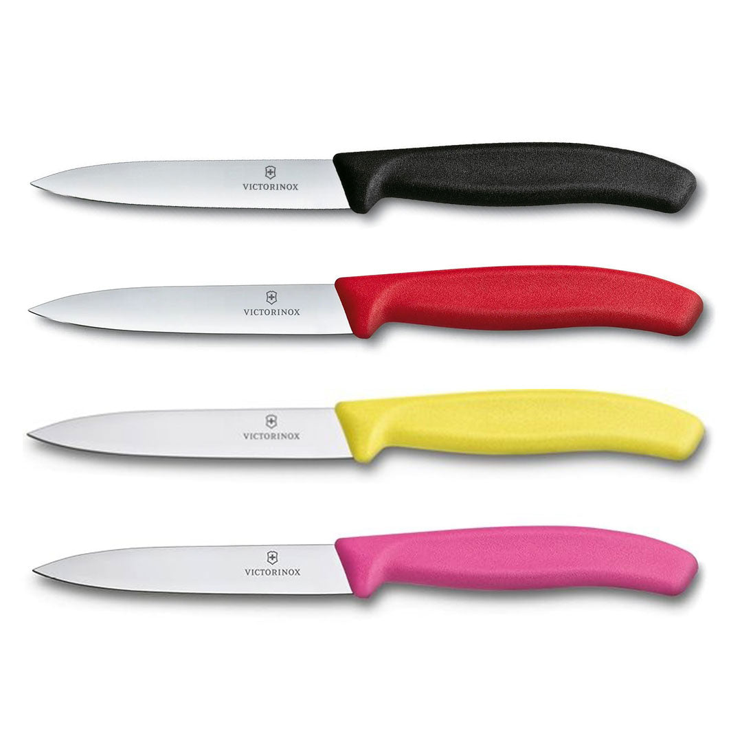 Victorinox Schälmesser 8 cm, Edelstahl, glatt, 4er-Set, verschiedene Farben (Schwarz, Rot, Gelb, Pink)