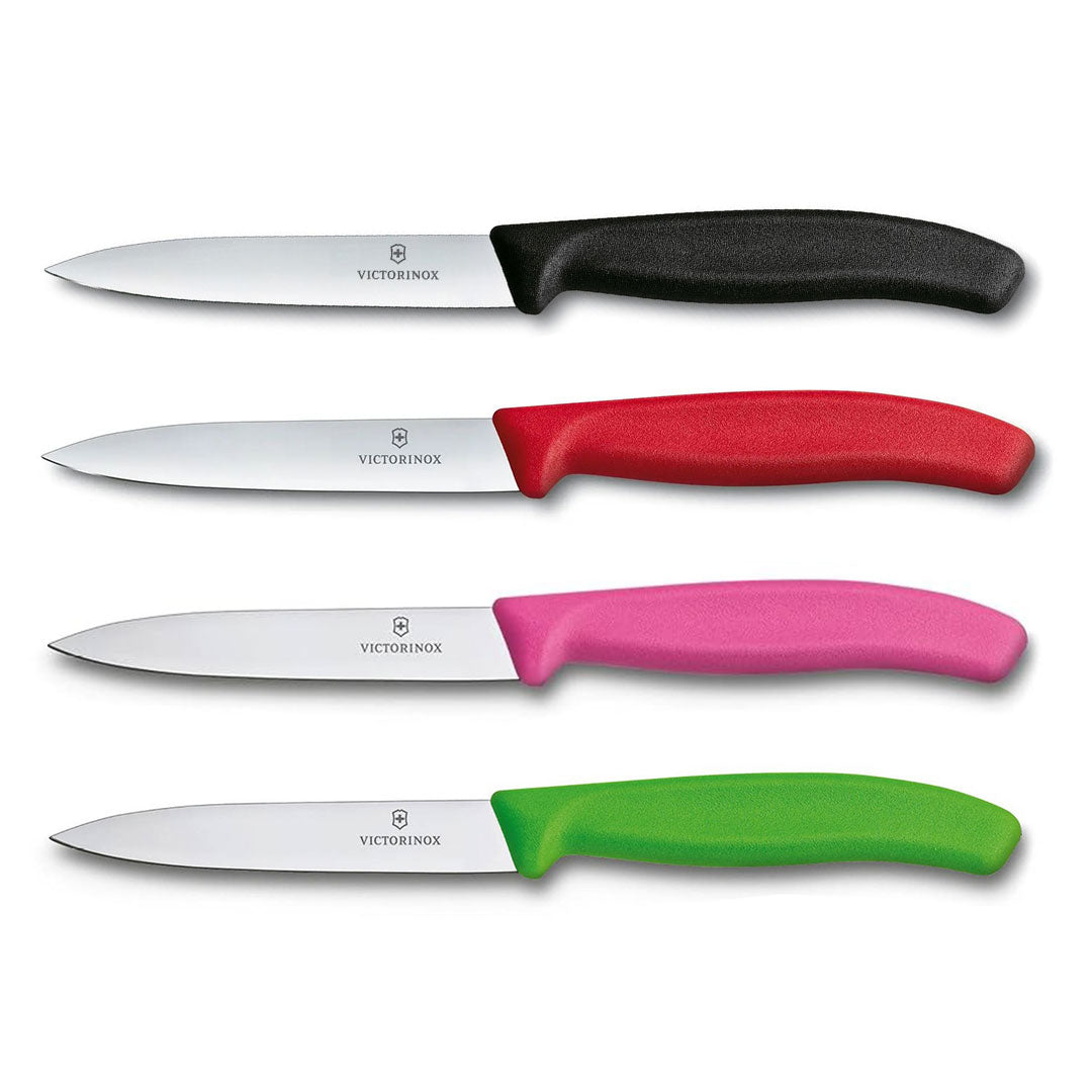 Victorinox Schälmesser 8 cm, Edelstahl, glatt, 4er-Set, verschiedene Farben (Schwarz, Rot, Pink, Grün)