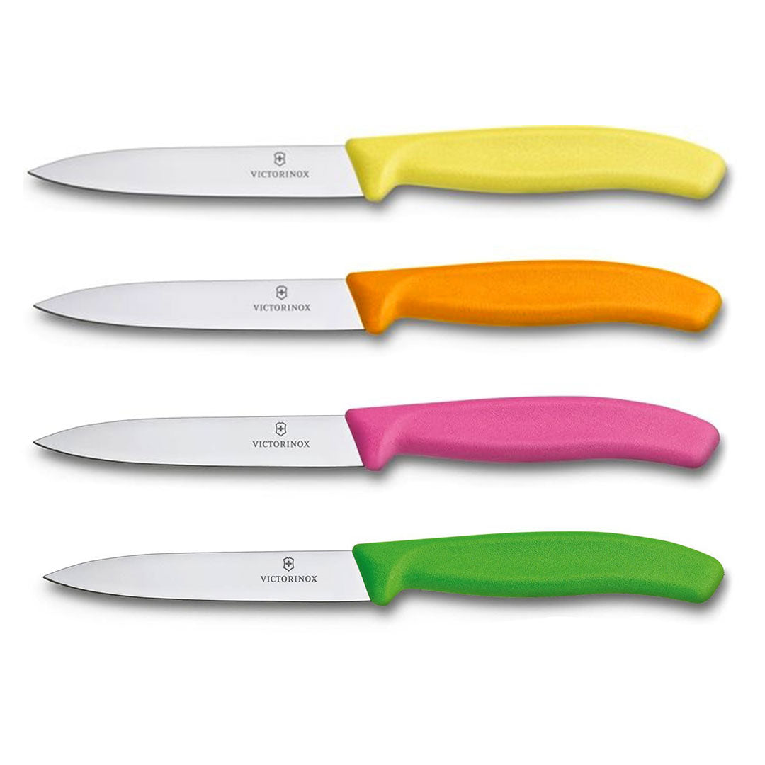 Victorinox Schälmesser 8 cm, Edelstahl, glatt, 4er-Set, verschiedene Farben (Gelb, Orange, Pink, Grün)