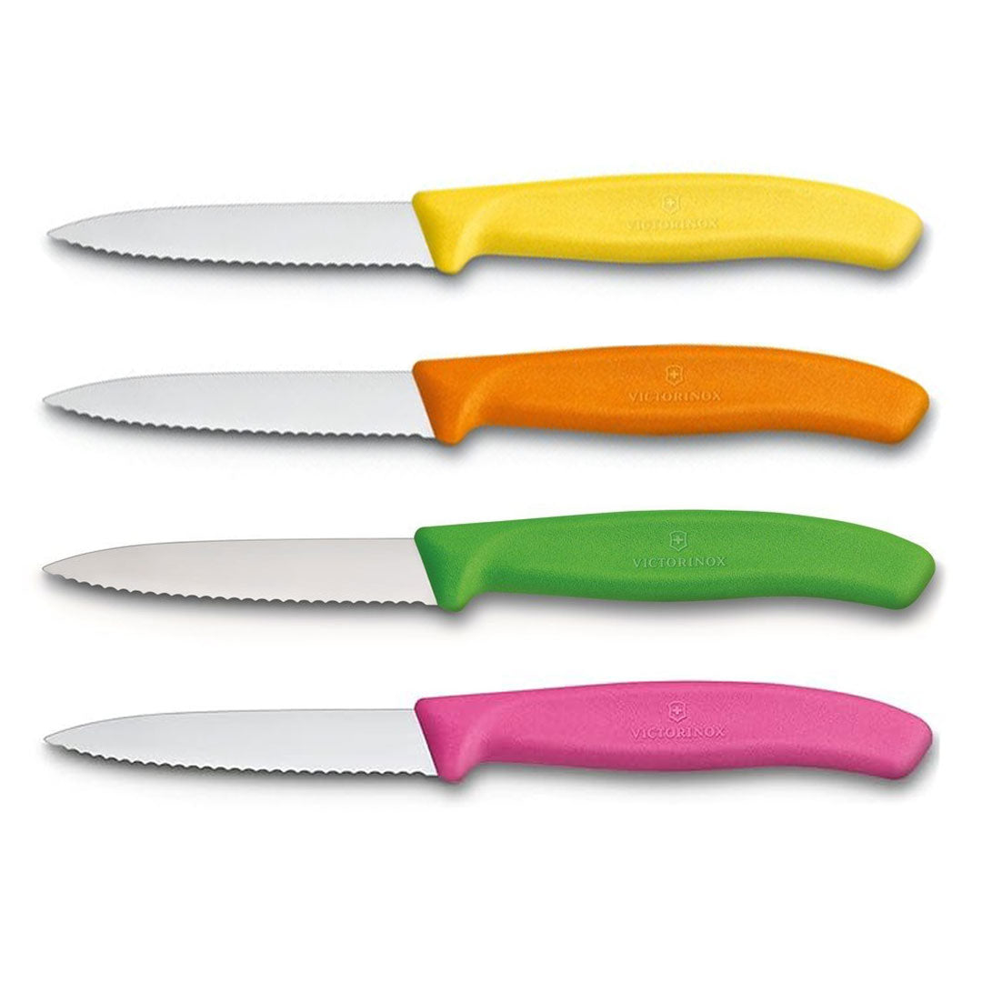 Victorinox Schälmesser 8 cm, Edelstahl, gezahnt, 4er-Set, verschiedene Farben (Gelb, Orange, Grün, Pink)
