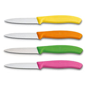Victorinox Schälmesser 8 cm, Edelstahl, gezahnt, 4er-Set, verschiedene Farben (Gelb, Orange, Grün, Pink)