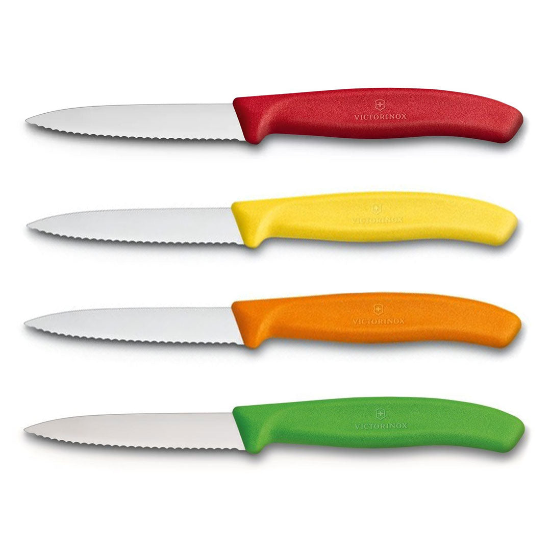 Victorinox Schälmesser 8 cm, Edelstahl, gezahnt, 4er-Set, verschiedene Farben (Rot, Gelb, Orange, Grün)