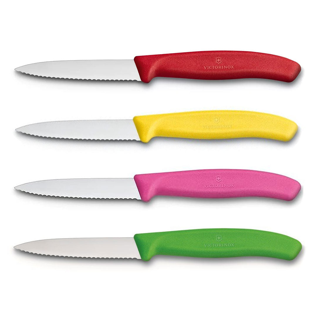 Victorinox Schälmesser 8 cm, Edelstahl, gezahnt, 4er-Set, verschiedene Farben (Rot, Gelb, Pink, Grün)