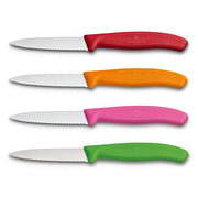 Victorinox Schälmesser 8 cm, Edelstahl, gezahnt, 4er-Set, verschiedene Farben (Rot, Orange, Pink, Grün)