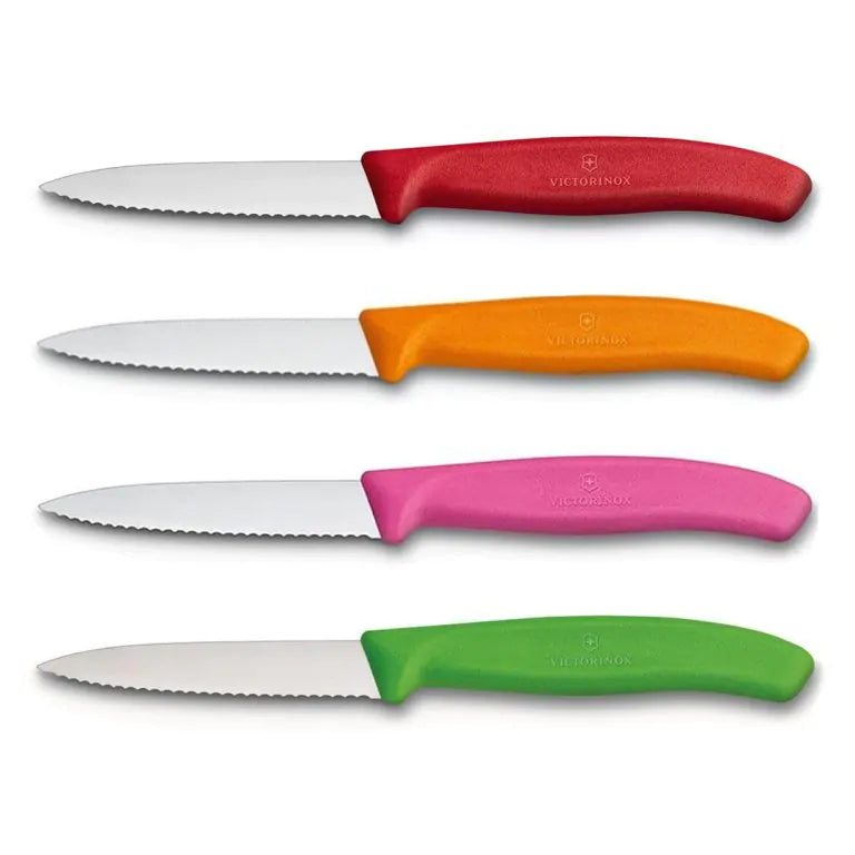 Victorinox Schälmesser 8 cm, Edelstahl, gezahnt, 4er-Set, verschiedene Farben (Rot, Orange, Pink, Grün)