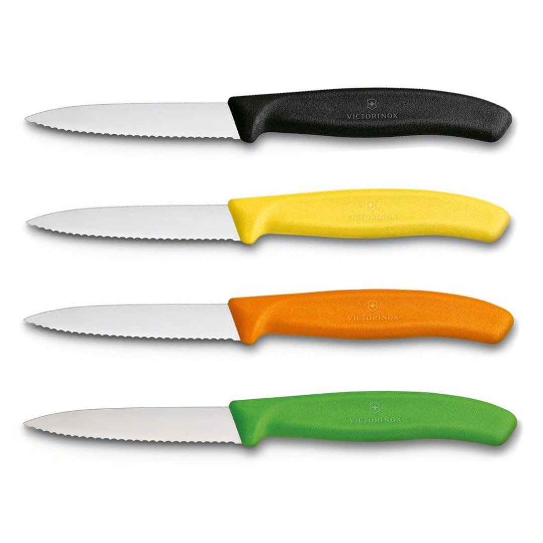 Victorinox Schälmesser 8 cm, Edelstahl, gezahnt, 4er-Set, verschiedene Farben (Schwarz, Gelb, Orange, Grün)