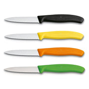 Victorinox Schälmesser 8 cm, Edelstahl, gezahnt, 4er-Set, verschiedene Farben (Schwarz, Gelb, Orange, Grün)
