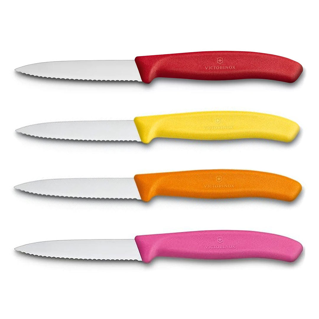 Victorinox Schälmesser 8 cm, Edelstahl, gezahnt, 4er-Set, verschiedene Farben (Rot, Gelb, Orange, Pink)
