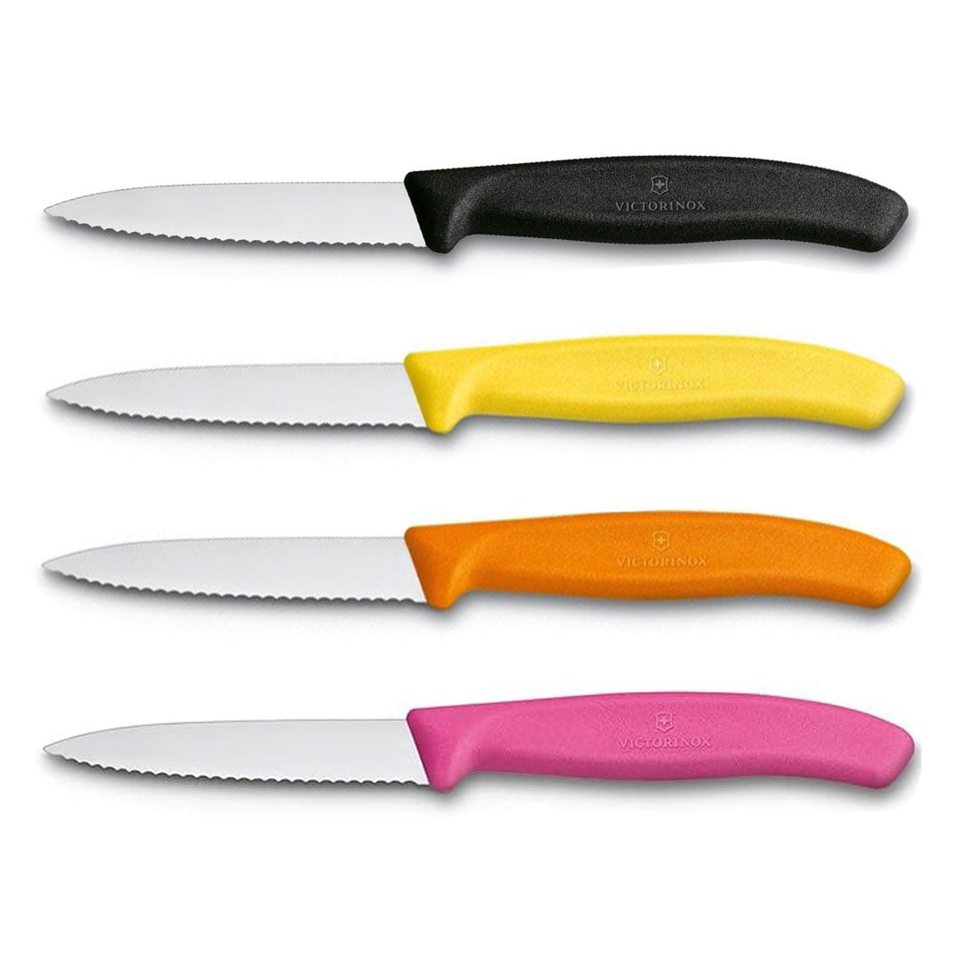 Victorinox Schälmesser 8 cm, Edelstahl, gezahnt, 4er-Set, verschiedene Farben (Schwarz, Gelb, Orange, Pink)