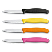 Victorinox Schälmesser 8 cm, Edelstahl, gezahnt, 4er-Set, verschiedene Farben (Schwarz, Gelb, Orange, Pink)