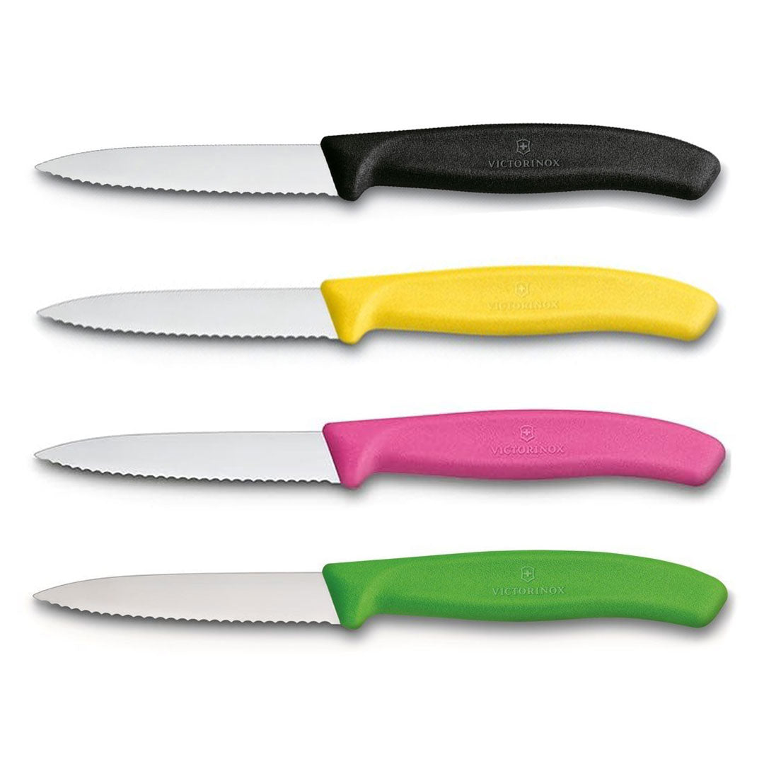 Victorinox Schälmesser 8 cm, Edelstahl, gezahnt, 4er-Set, verschiedene Farben (Schwarz, Gelb, Pink, Grün)