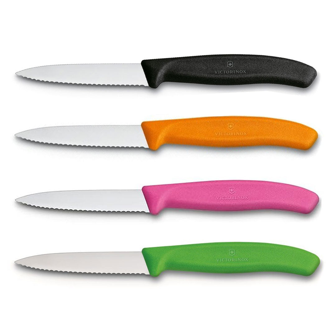 Victorinox Schälmesser 8 cm, Edelstahl, gezahnt, 4er-Set, verschiedene Farben (Schwarz, Orange, Pink, Grün)
