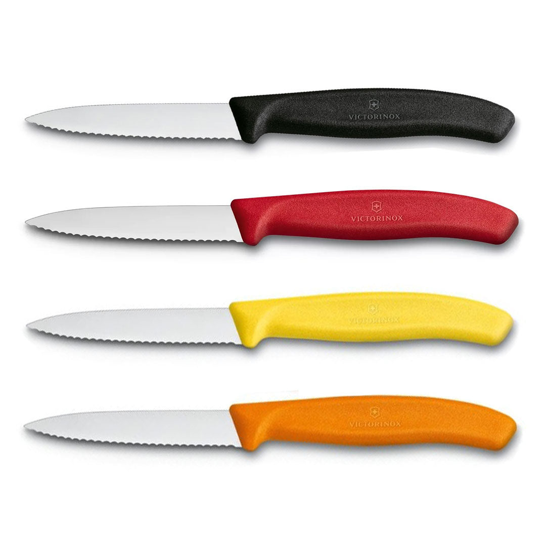 Victorinox Schälmesser 8 cm, Edelstahl, gezahnt, 4er-Set, verschiedene Farben (Schwarz, Rot, Gelb, Orange)