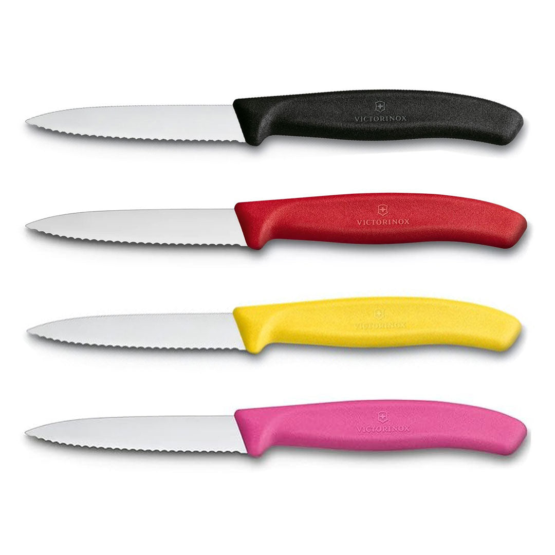 Victorinox Schälmesser 8 cm, Edelstahl, gezahnt, 4er-Set, verschiedene Farben (Schwarz, Rot, Gelb, Pink)