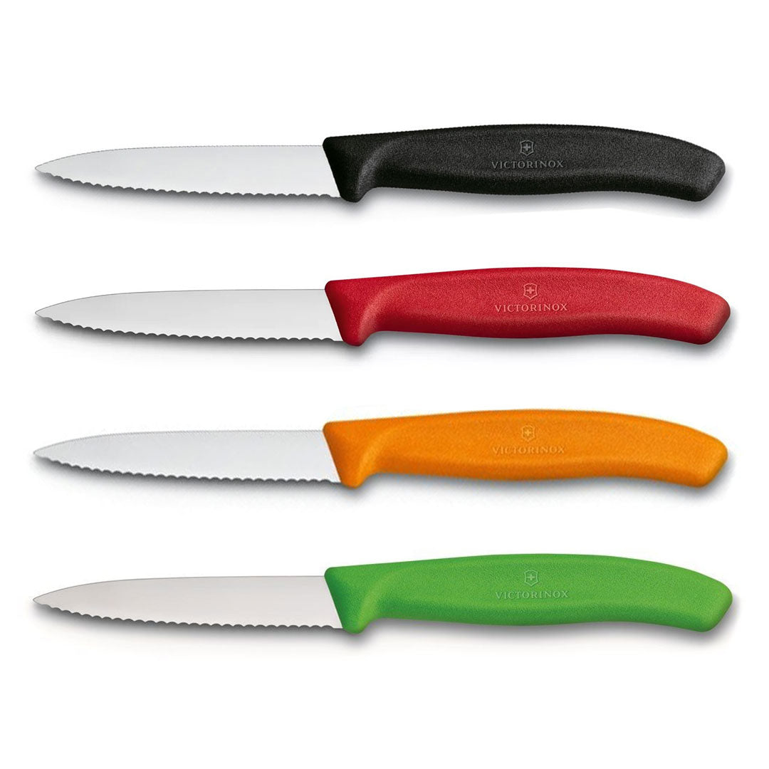 Victorinox Schälmesser 8 cm, Edelstahl, gezahnt, 4er-Set, verschiedene Farben (Schwarz, Rot, Orange, Grün)