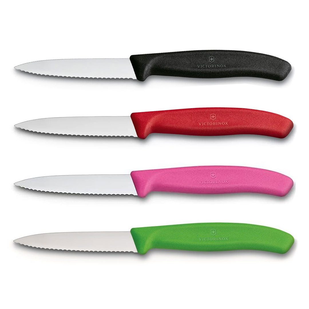 Victorinox Schälmesser 8 cm, Edelstahl, gezahnt, 4er-Set, verschiedene Farben (Schwarz, Rot, Pink, Grün)