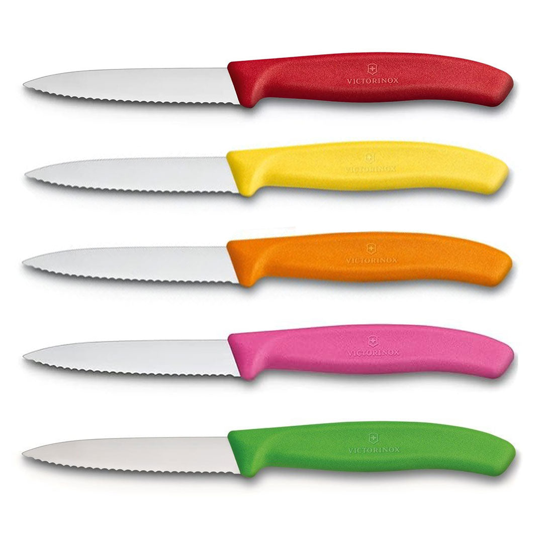 Victorinox Schälmesser 8 cm, Edelstahl, gezahnt, Set in 5 verschiedenen Farben (Rot, Gelb, Orange, Pink, Grün)