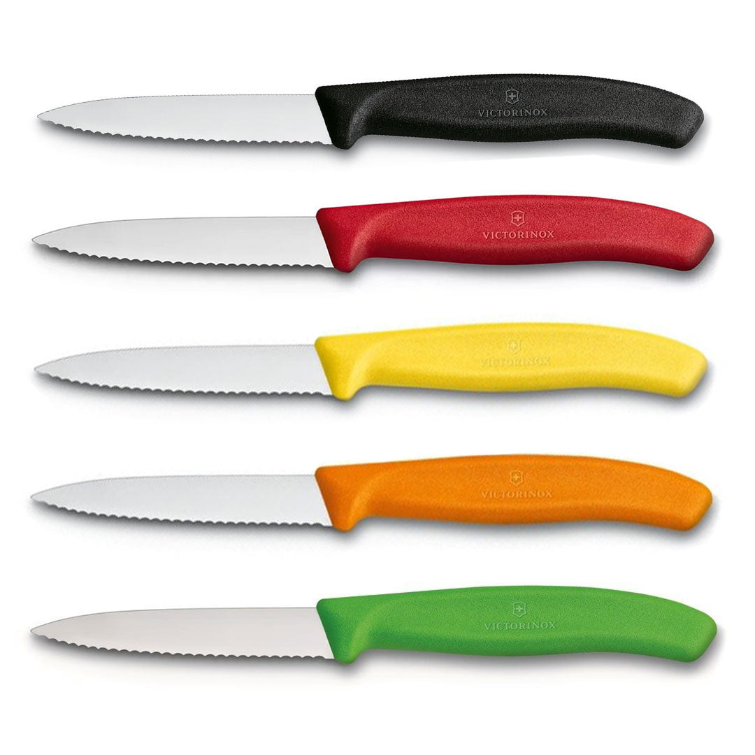 Victorinox Schälmesser 8 cm, Edelstahl, gezahnt, 5er-Set, verschiedene Farben (Schwarz, Rot, Gelb, Orange, Grün)