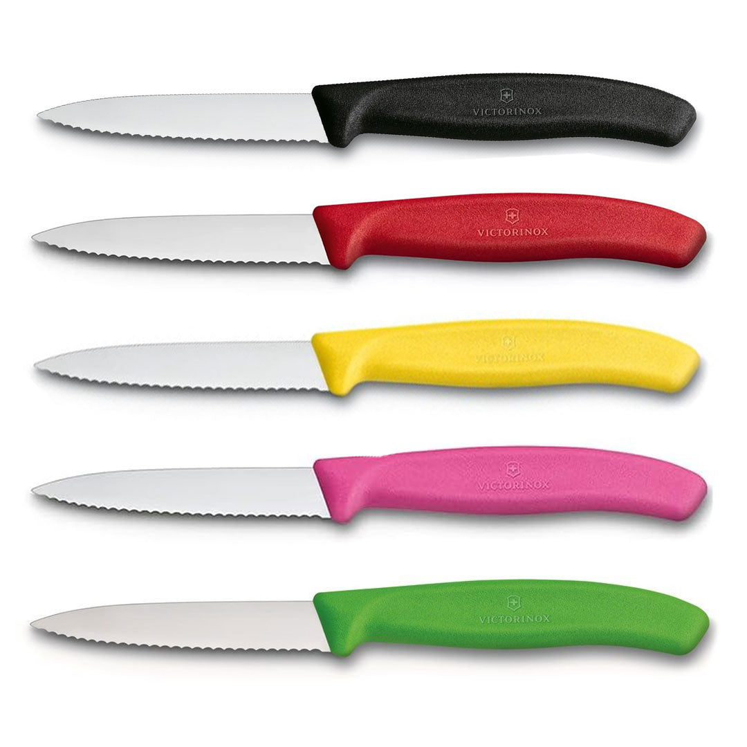Victorinox Schälmesser, 8 cm, Edelstahl, gezahnt, 5er-Set, verschiedene Farben (Schwarz, Rot, Gelb, Pink, Grün)