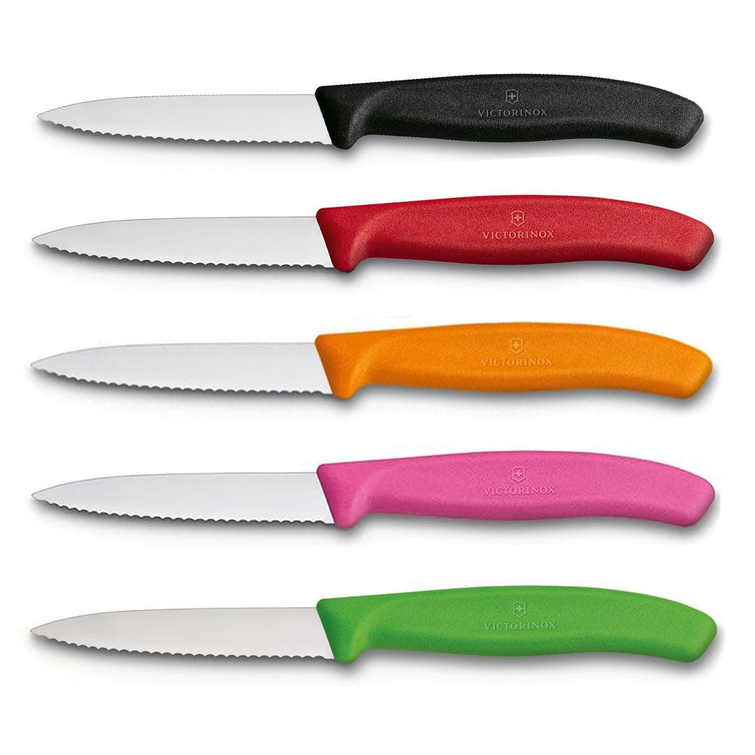 Victorinox Schälmesser, 8 cm, Edelstahl, gezahnt, Set in 5 verschiedenen Farben (Schwarz, Rot, Orange, Pink, Grün)