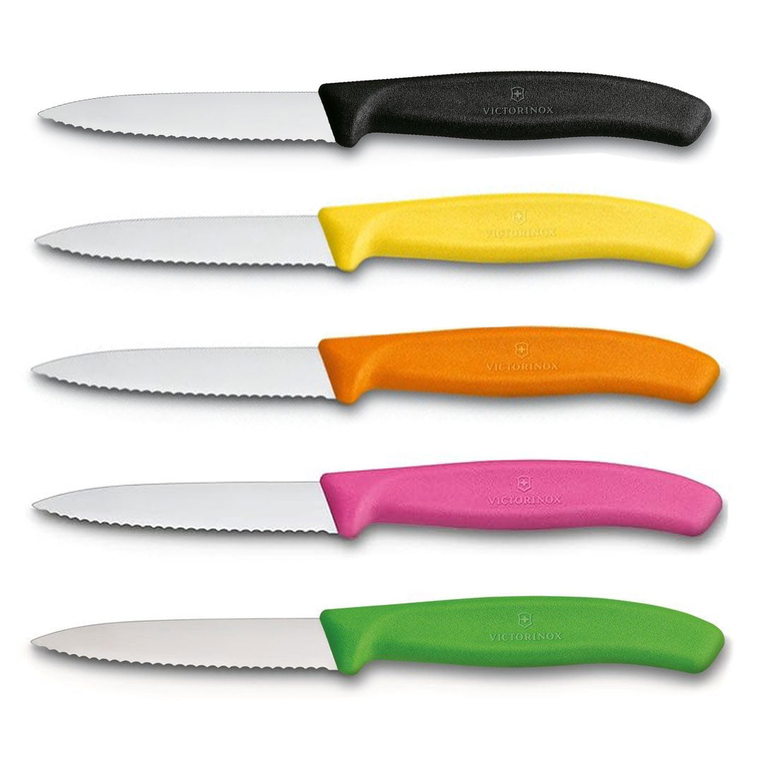 Victorinox Schälmesser, 8 cm, Edelstahl, gezahnt, 5er-Set, verschiedene Farben (Schwarz, Gelb, Orange, Pink, Grün)