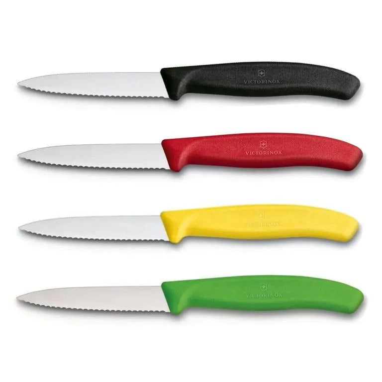 Victorinox Schälmesser 8 cm, Edelstahl, gezahnt, 4er-Set, verschiedene Farben (Schwarz, Rot, Gelb, Grün)