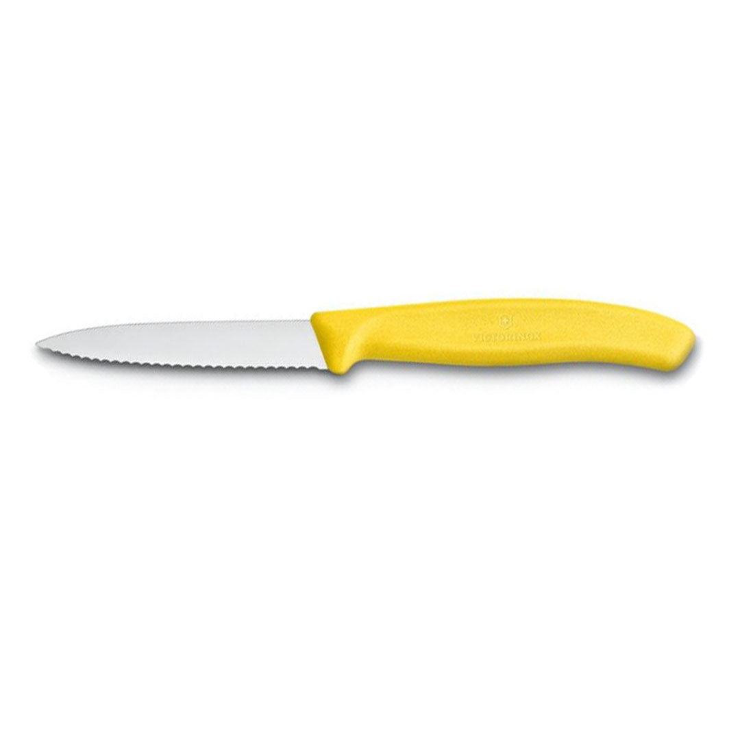 Victorinox Schälmesser 8 cm, Edelstahl, gezahnt, 6er-Set, verschiedene Farben (Schwarz, Rot, Gelb, Orange, Pink, Grün)