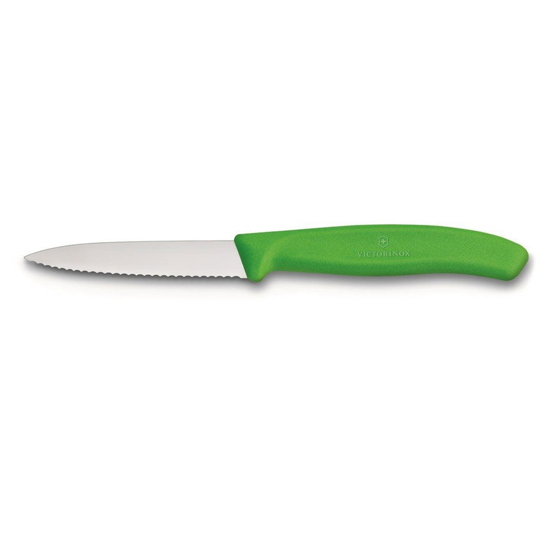 Victorinox Schälmesser 8 cm, Edelstahl, gezahnt, 6er-Set, verschiedene Farben (Schwarz, Rot, Gelb, Orange, Pink, Grün)