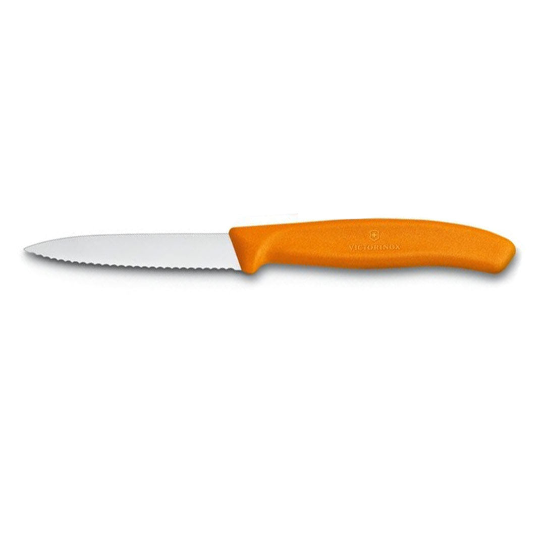 Victorinox Schälmesser 8 cm, Edelstahl, gezahnt, 6er-Set, verschiedene Farben (Schwarz, Rot, Gelb, Orange, Pink, Grün)