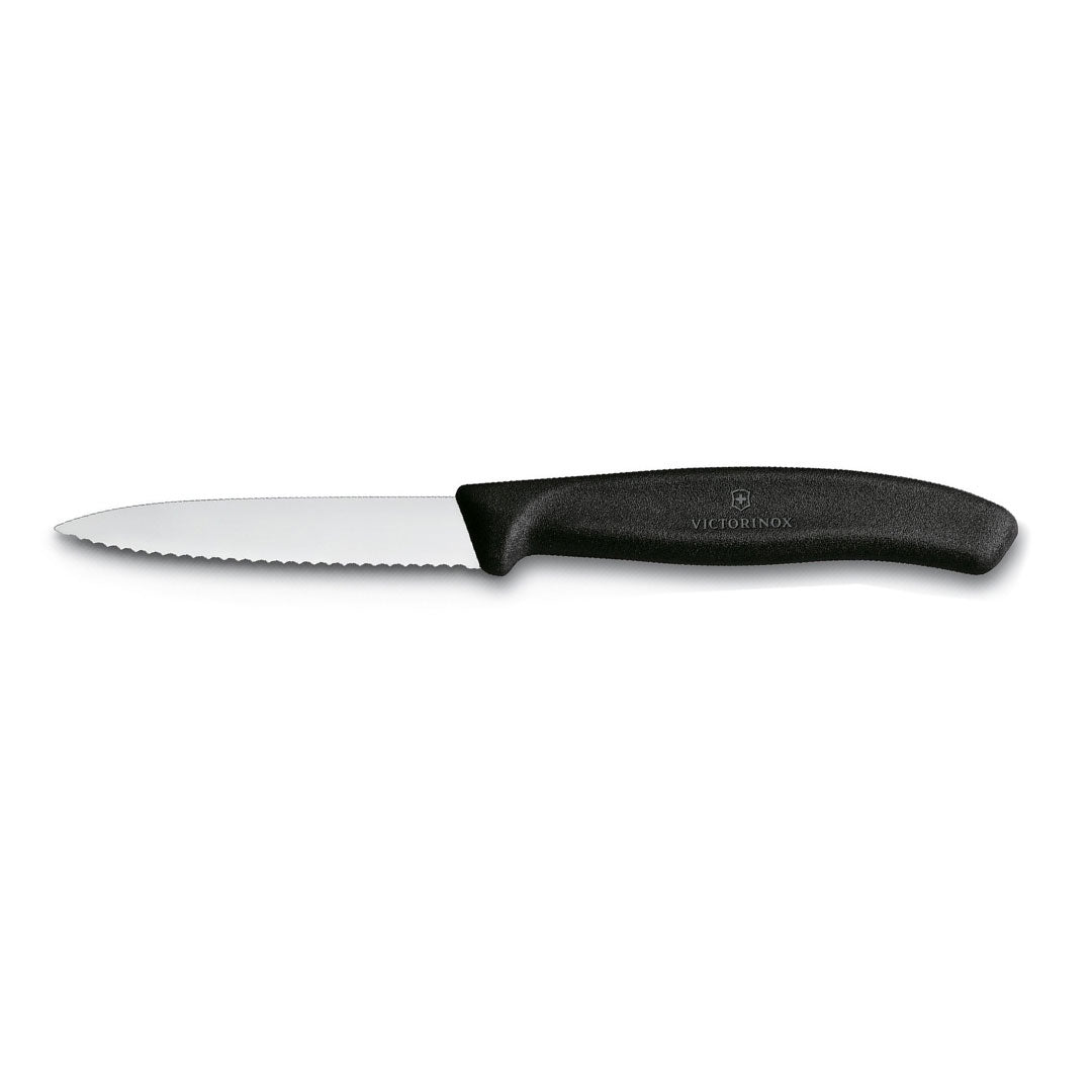 Victorinox Schälmesser 8 cm, Edelstahl, gezahnt, 6er-Set, verschiedene Farben (Schwarz, Rot, Gelb, Orange, Pink, Grün)